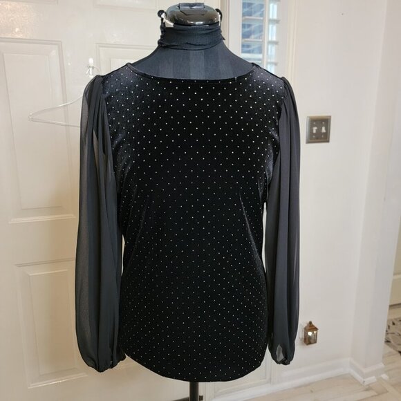 Vince Camuto Black Velvet Sheer Sleeve Top Small | Holiday Party Blouse - Picture 2 of 7
